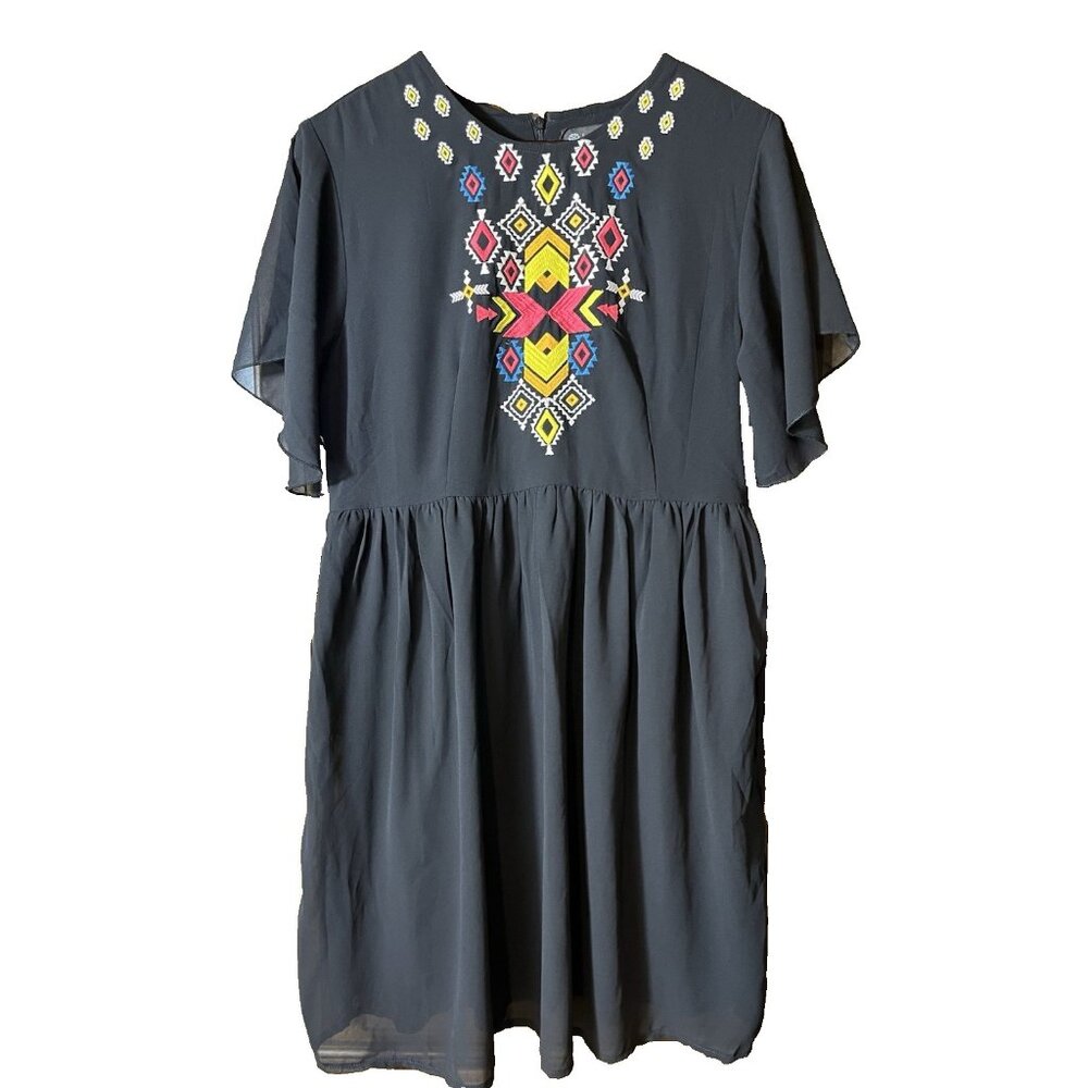 Merigold Kiss Dress Embroidered Aztec Women's Medium Flutter Sleeve Boho Artsy